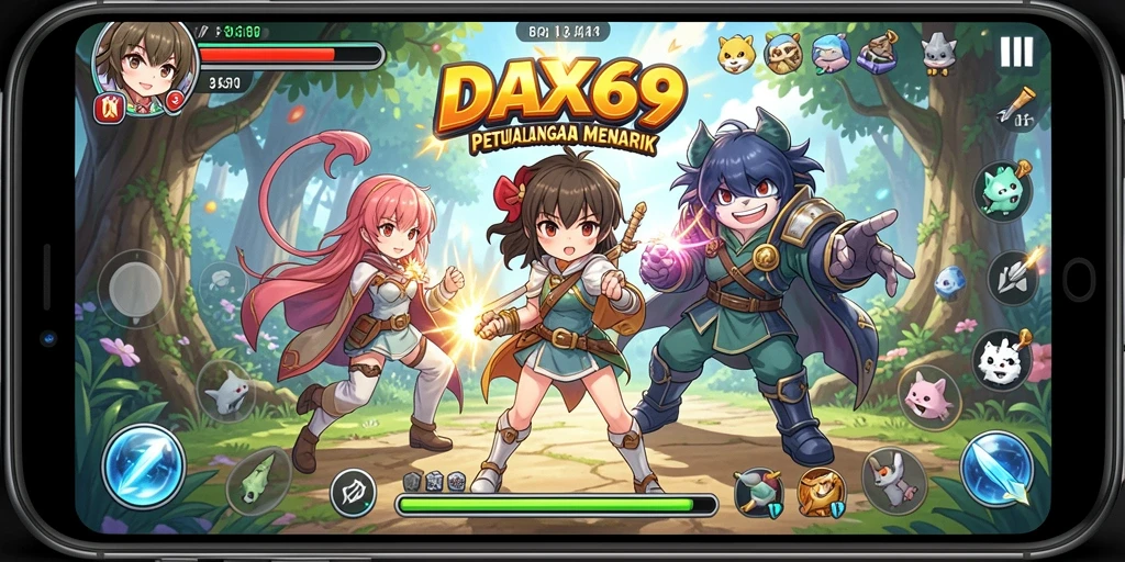 Tangkapan layar gameplay DAX69 yang menampilkan karakter anime yang dinamis.