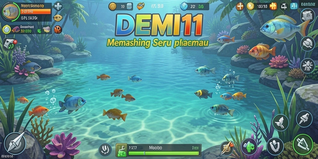 Tampilan gameplay <strong>DEMI11</strong> dengan ikan yang beragam dan lokasi memancing yang menakjubkan.