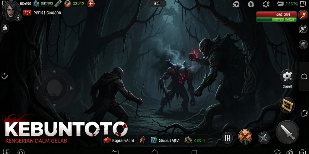 Screenshot KEBUNTOTO menampilkan suasana mencekam dalam permainan.