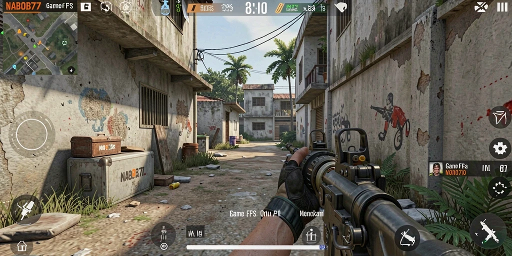 Screenshot gameplay NABOB77 yang menunjukkan aksi seru di medan laga FPS.