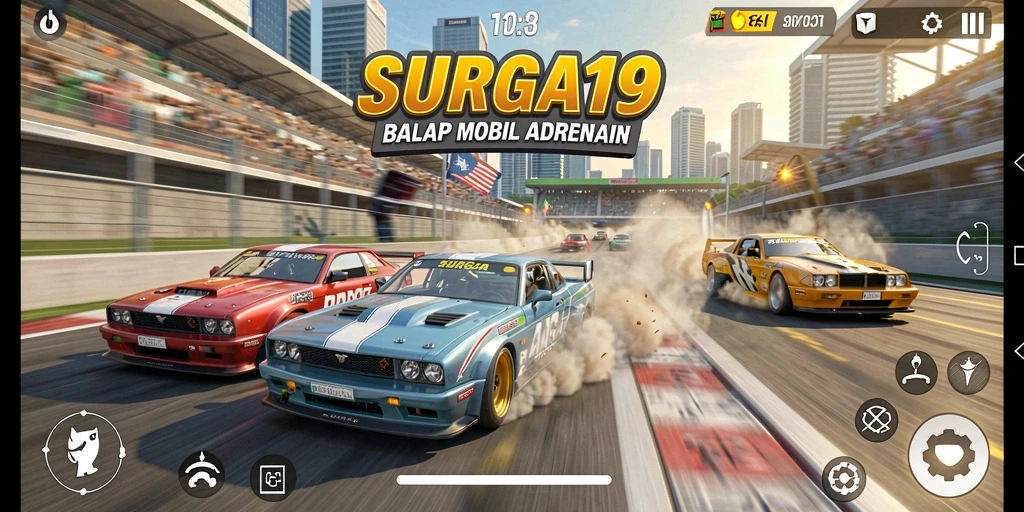 Screenshot gameplay SURGA19 dengan aksi balap intens.