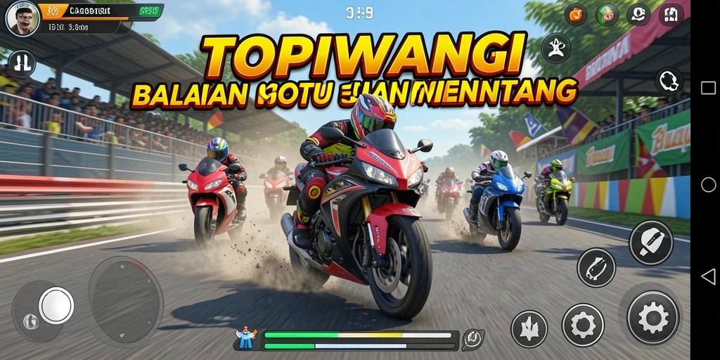Screenshot utama TOPIWANGI menampilkan aksi balapan motor yang luar biasa.