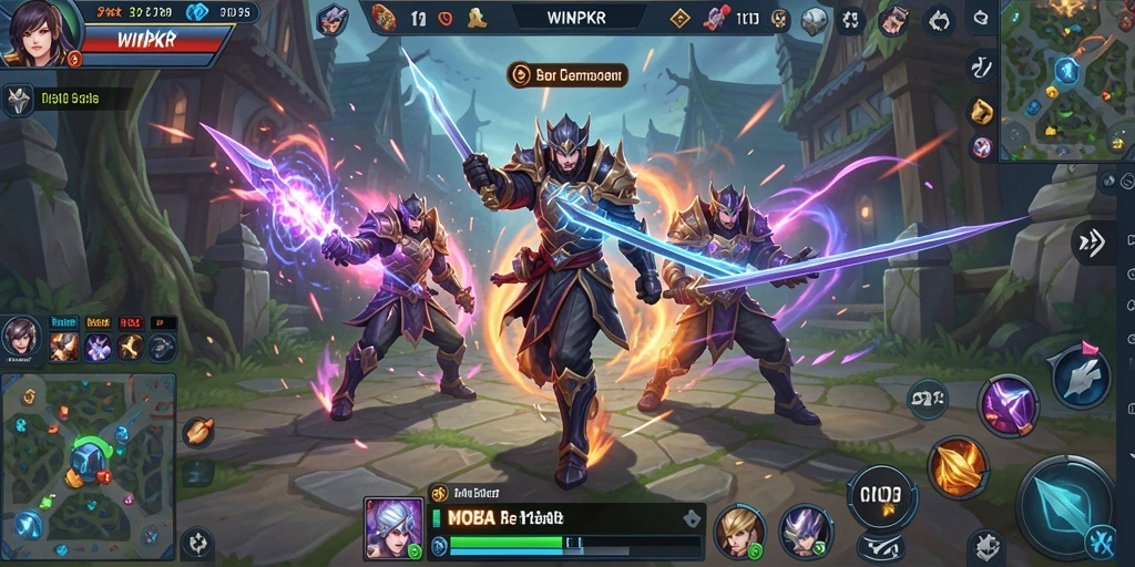 Screenshot gameplay WINPKR menampilkan pertarungan MOBA yang intens.